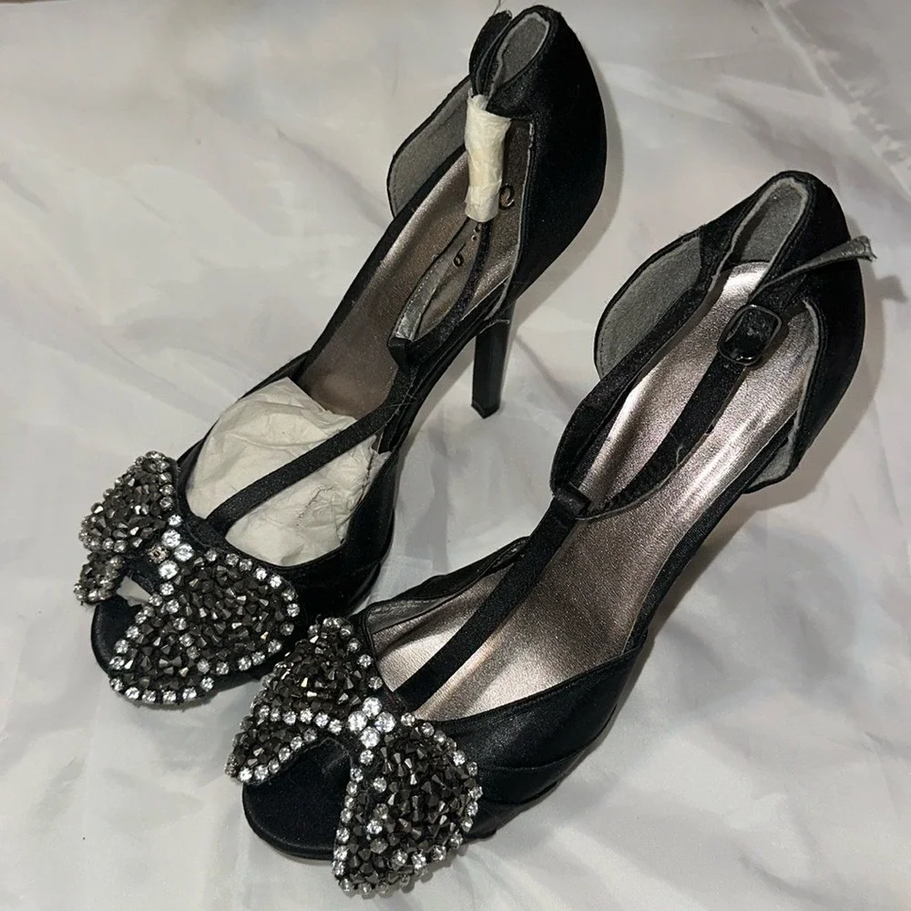 Black Satin T-Strap Platform Heels Peep Toe Rhinestone Studded Bow Stiletto 5
